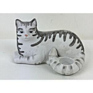 Mary Lake Thompson Silvestri Grey Stripe Cat Candle Holder Decor Ceramic